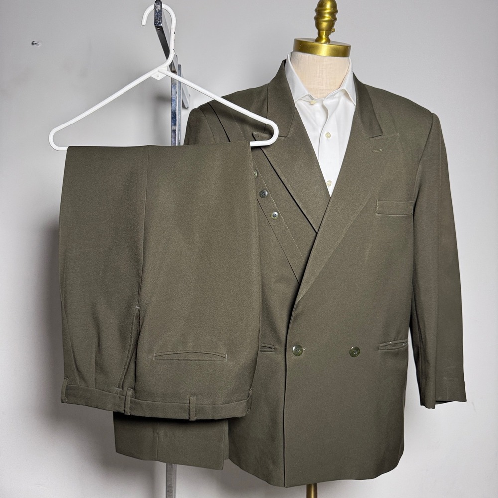Falcone Suit Mens 40R 32x30 Olive Green Solid Double Breasted Vintage USA